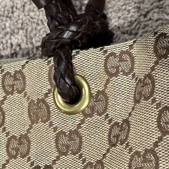 Gucci Tote GG Biege Tan Leather Brown Shoulder Bag Braided Handle - Picture 14 of 16